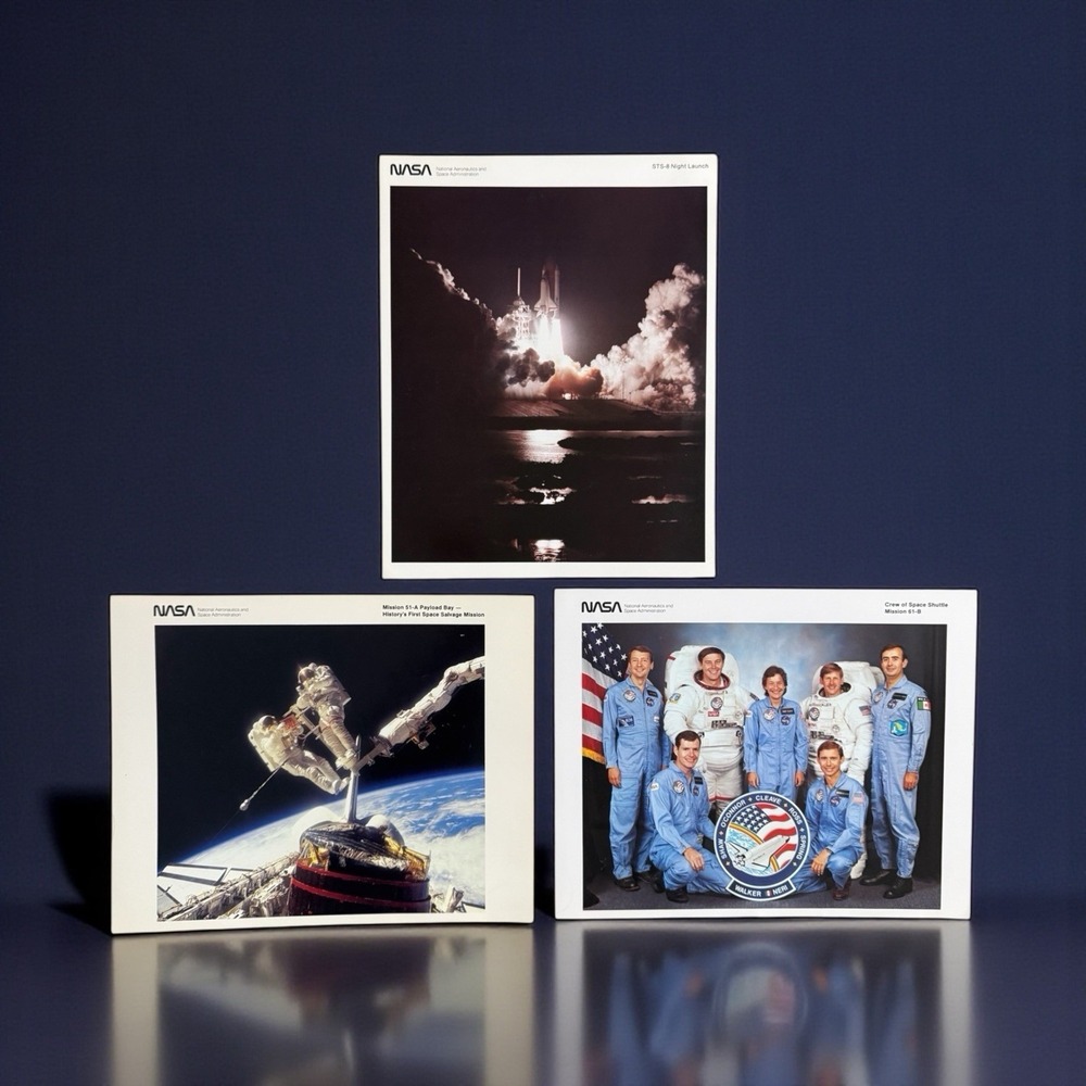 3 Vtg NASA Prints Orbiter Crew 61-B, STS-8 Night Launch, Mission 51 Payload Bay